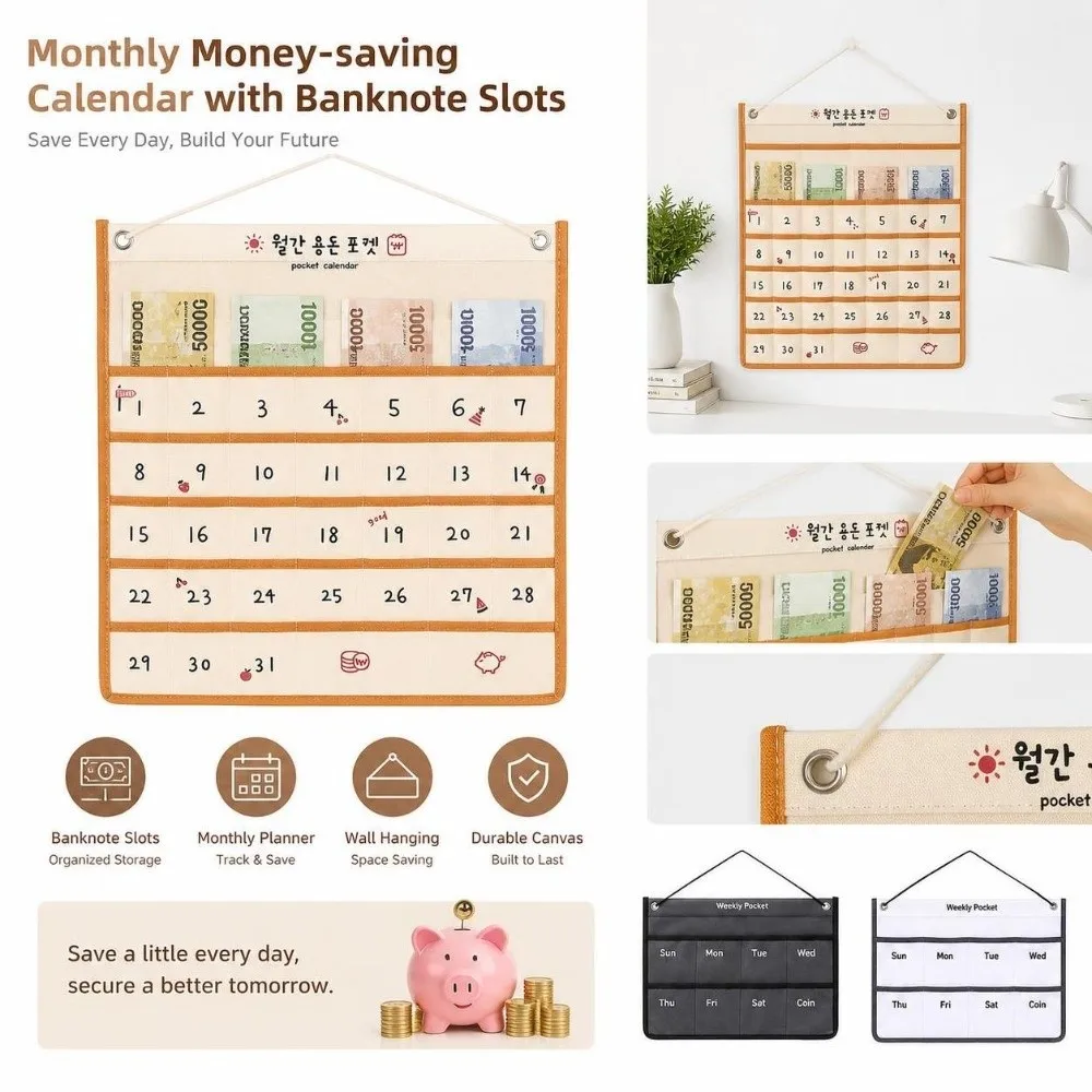 Nonwoven Fabric Monthly Money-saving Calendar Wall Hanging with Calendar Hanging Bag with Calendar with Banknote Slots