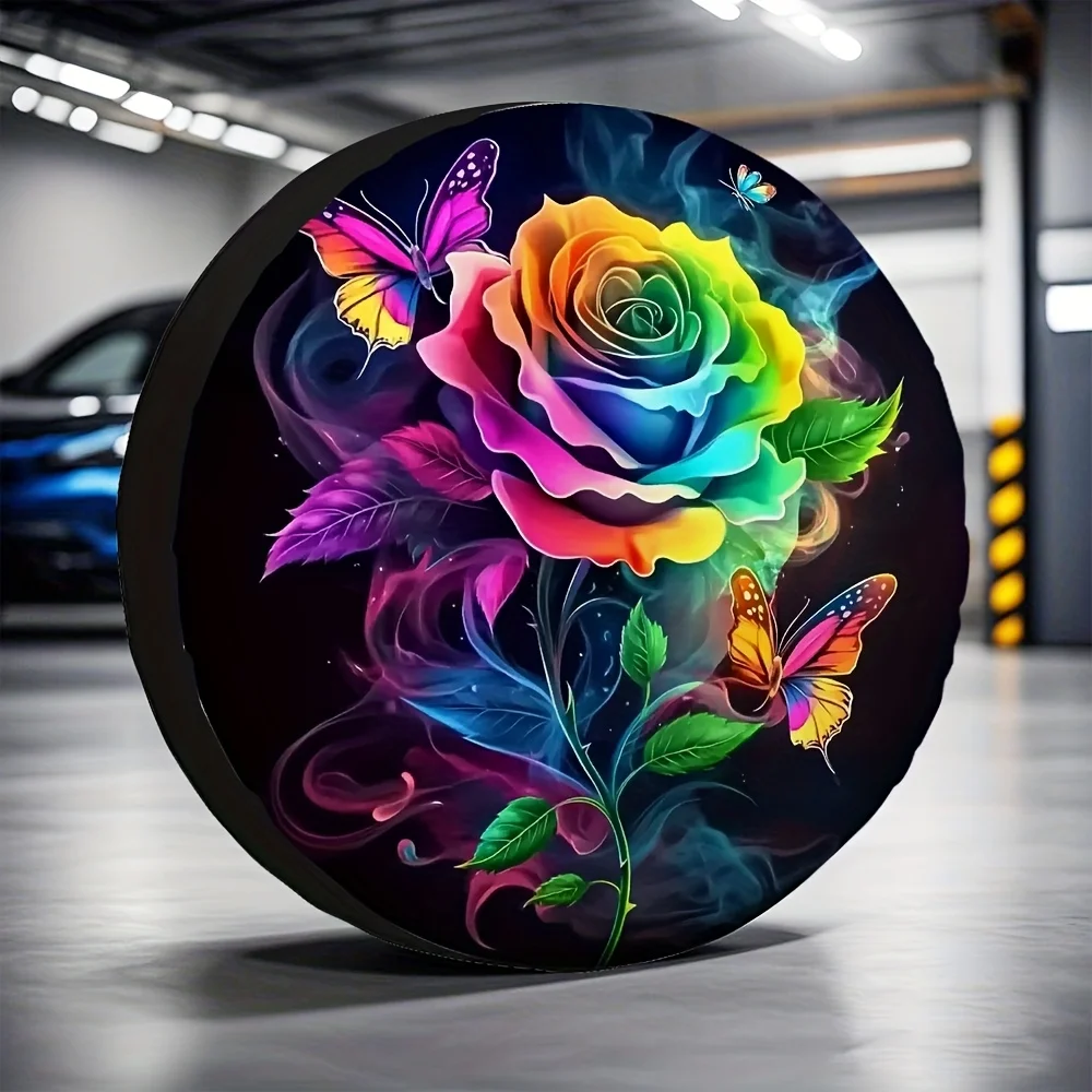 

Rainbow Rose Butterfly Spare Tire Cover Waterproof Durable Protector For Truck SUV