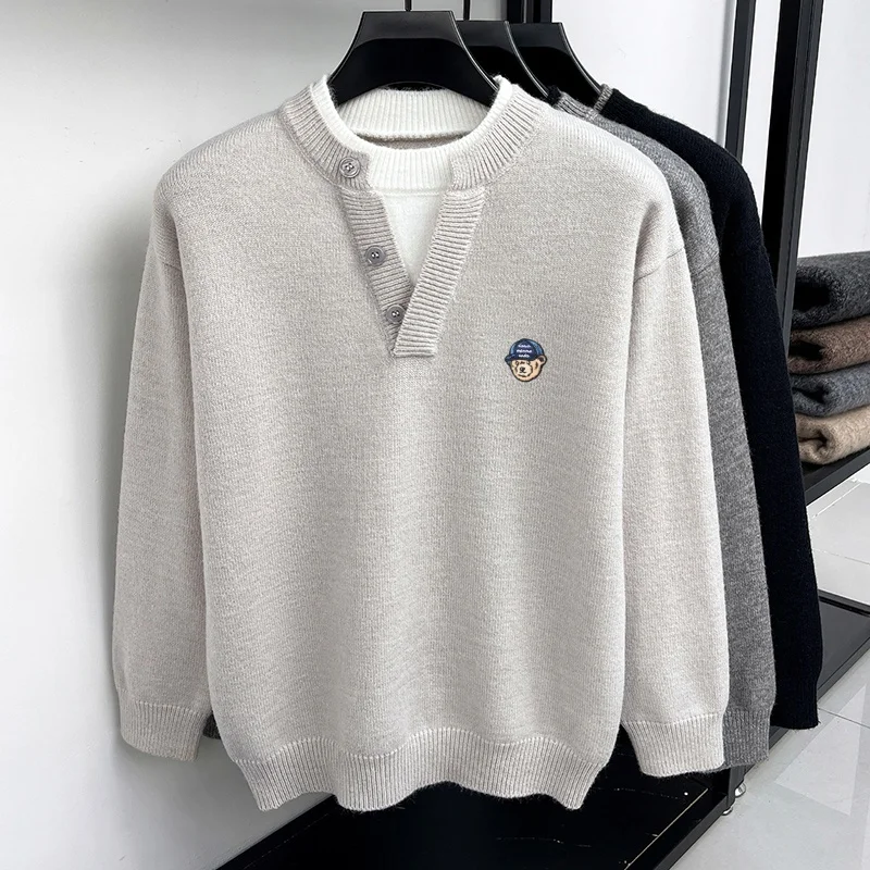 Koreanischer Freizeitpullover für Herren mit langen Ärmeln, Knopfleiste, Farbblockierung, zweiteiliger Optik, Stickerei, Strickware, modische Herrenbekleidung – Detail 10