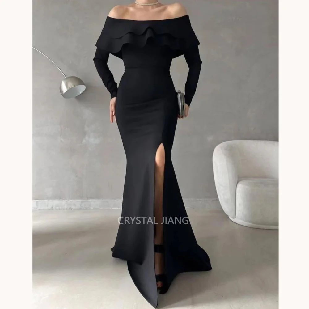 

Fashion Long Off the Shoulder Spandex Evening Dresses Full Sleeves with Slit Mermaid Sweep Trainفساتين سهره سعوديه 2024