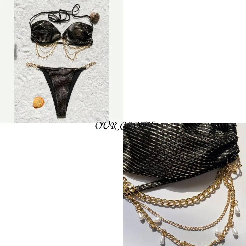 

Women Halterneck String Bathing Suit Ladies Push Up Thong Swimwears with Chain Y1AC