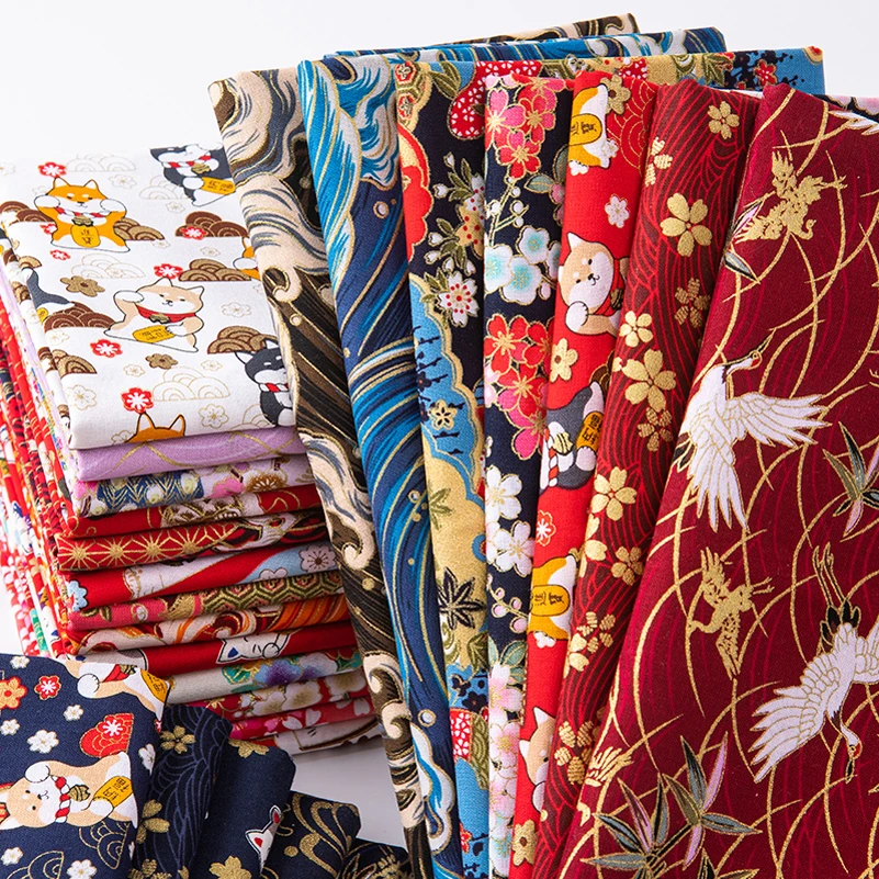 Japanese Style Bronzing Cotton Fabric Clouds Cat Dog Cherry Blossoms Printed Sewing Accessories by the Meter