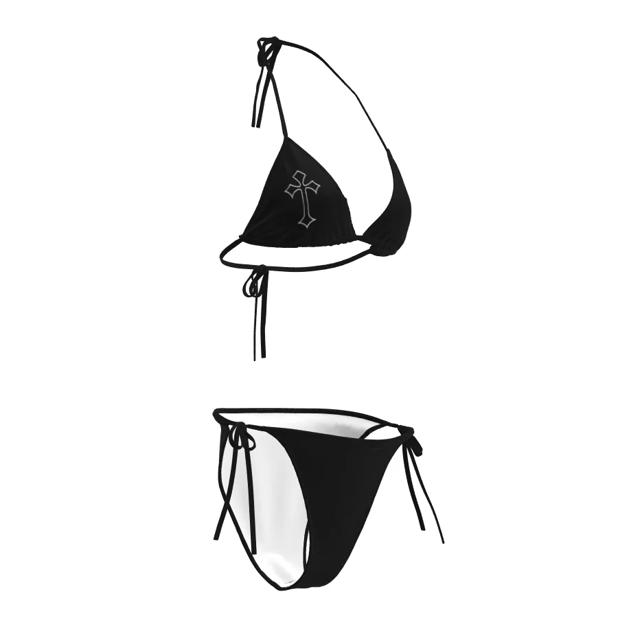 Women's Y2K Gothic Bikini Set Black Cross Print Triangle Halter Two Piece Swimsuit with Side Tie Bottoms for Beachwear 2026 New