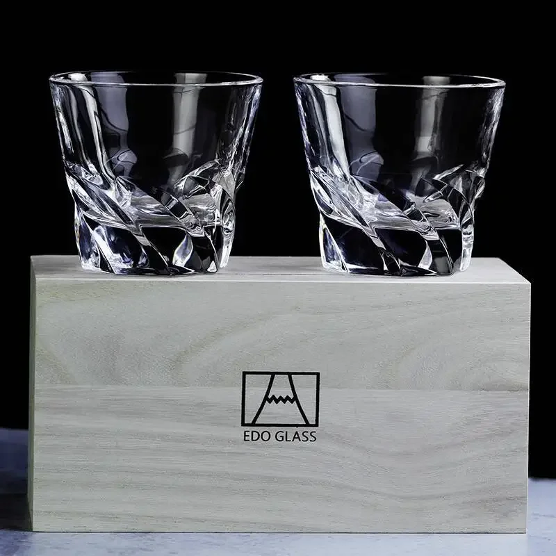 Carved Shark Fin Whiskey Glass For Couple Old Fashioned EDO Crystal Wine Cup Wind Blade Lovers Whisky Cup Set Wood Box Recommend