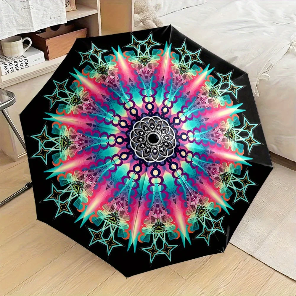 

Складной зонт. Зонт с яркими узорами, состоящими из концентрических кругов и излучающихся звездных мотивов, напоминающих калейдоскоп.