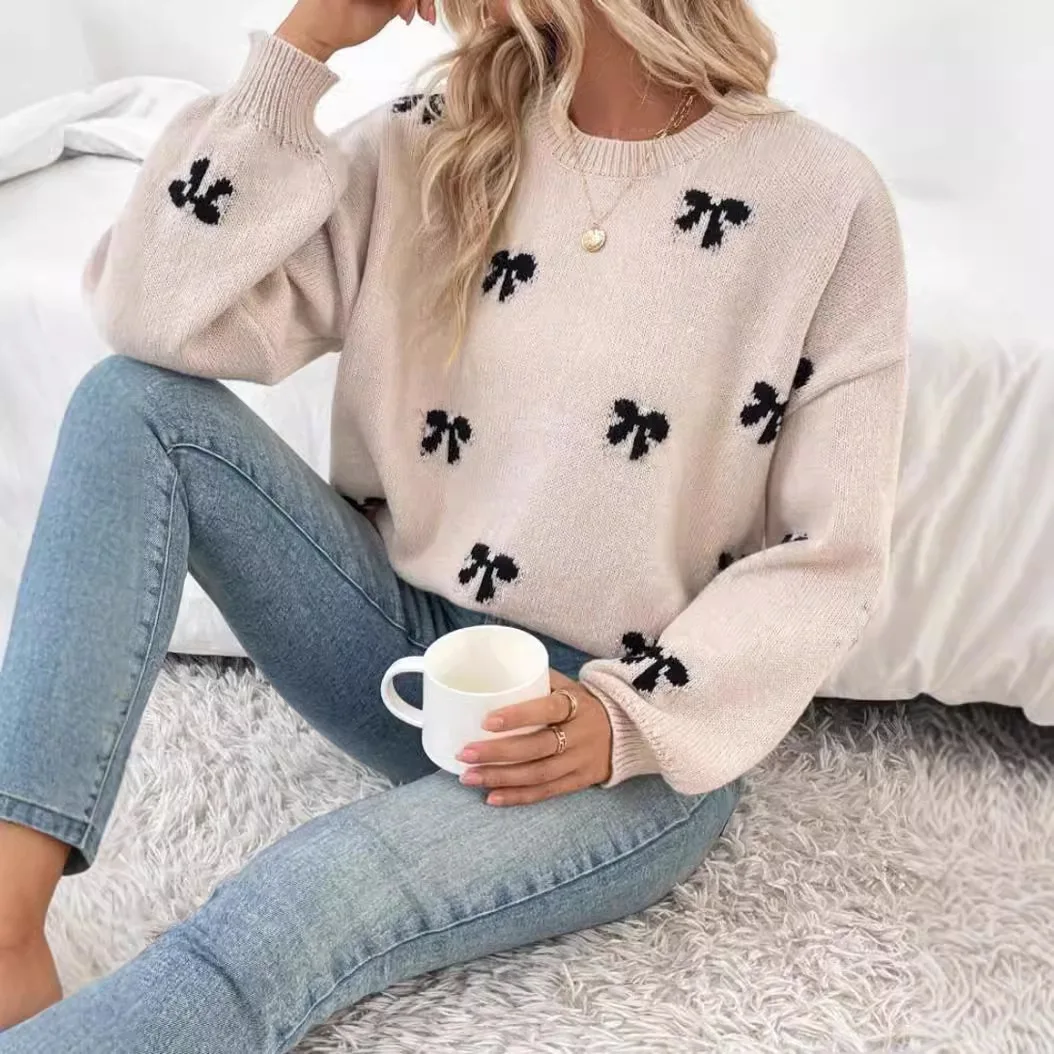 

Spring Women's Simple and Stylish Design Butterfly Knot Jacquard Knitted Sweater