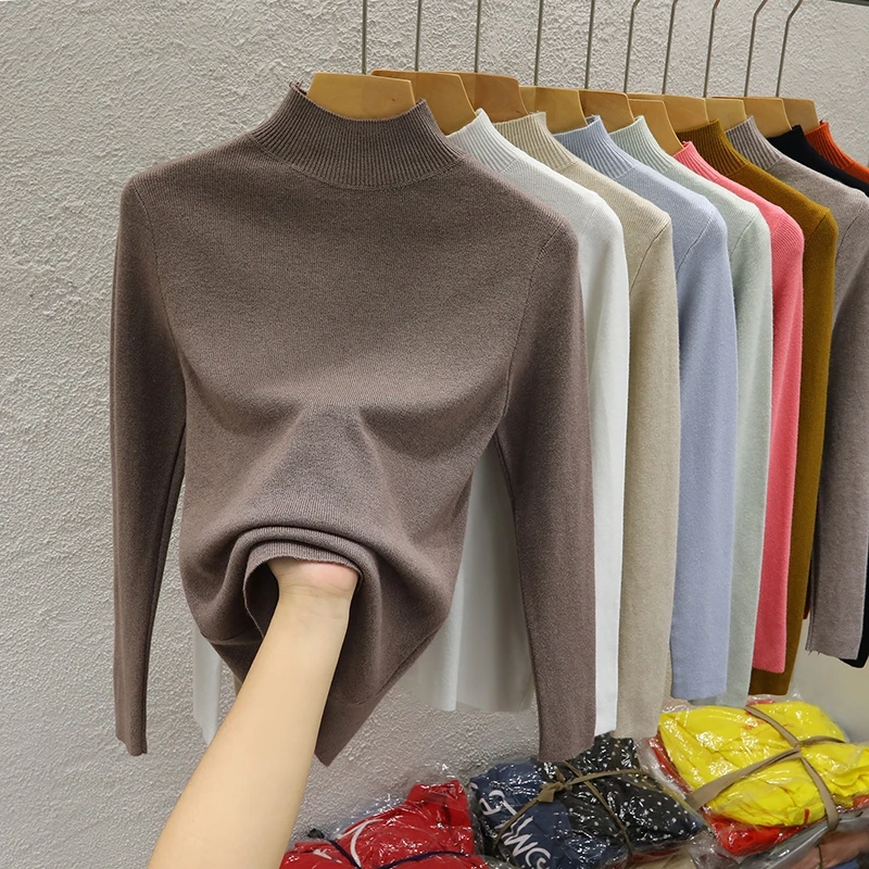 

2023 Autumn Winter Thin Sweater Bottoming Shirt Women's Slim Elastic Long Sleeve T-shirt Solid Color Half High Color Knit Tops