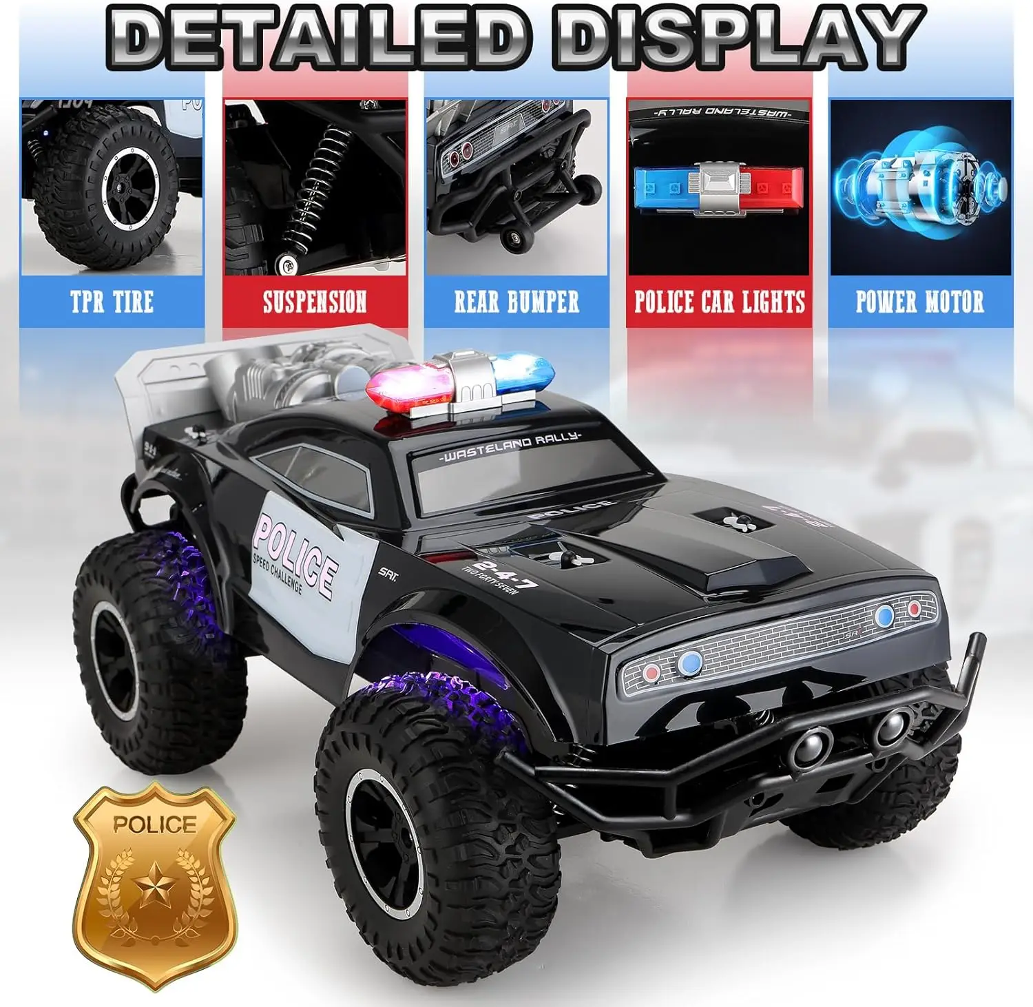 1:8 Scale RC Police Truck with Lights & Sirens, 3 Rechargeable Batteries Included, Durable Remote Control Cop Car Toy Gift for Boys Girls Ages 4+
