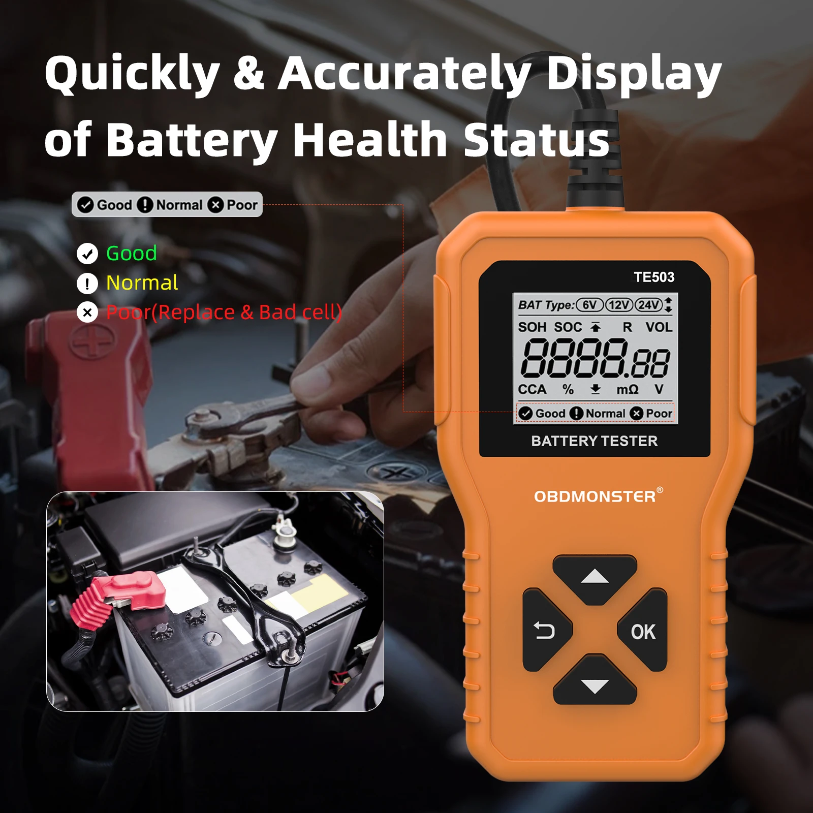 OBDMONSTER Car Battery Tester 6V 12V 24V TE503 Capacity Digital Car System Batteries Analyzer Auto Battery Diagnostic Tool