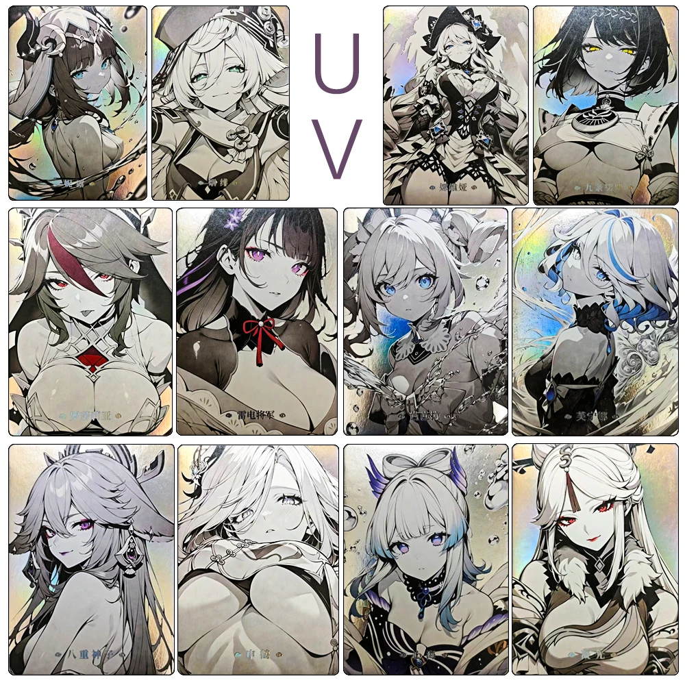 

История богини UV Genshin Impact Shenhe Keqing Ganyu Nilou Funingna Barbara Liuying Коллекционная карта с лазерной текстурой Праздничные подарки