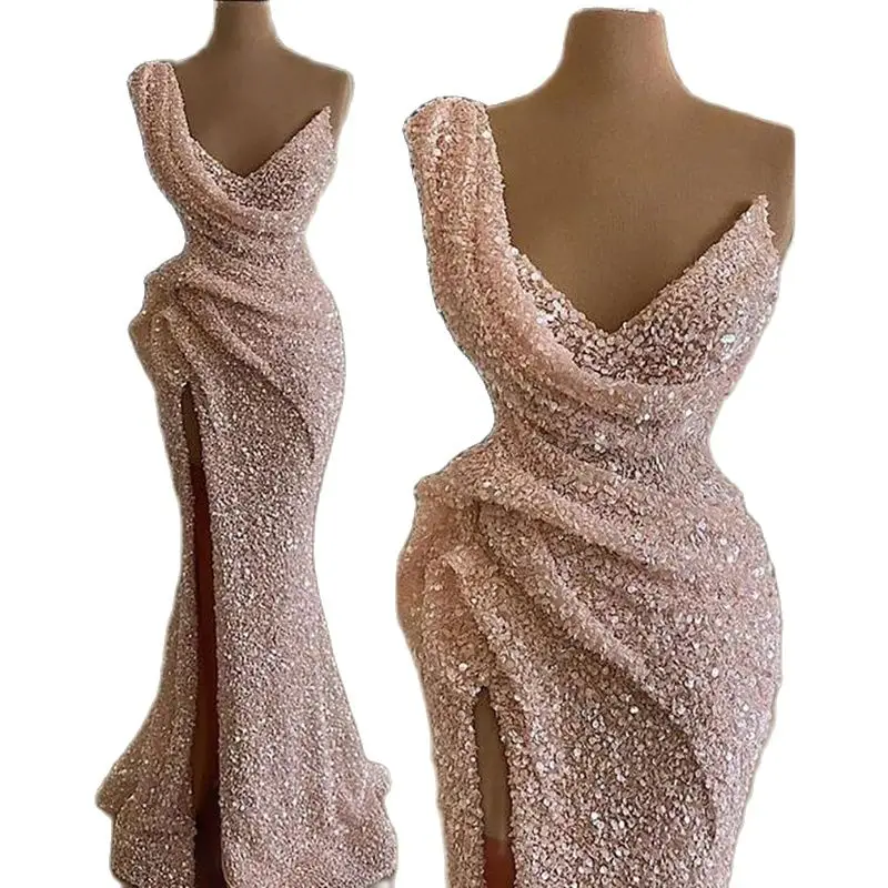 Kadisua-Robe de Soirée Rose à Paillettes pour Femme, Tenue Sexy à Plis, Col en V, Longueur au Sol, Fente Latérale, pour Occasions Formelles, 2024