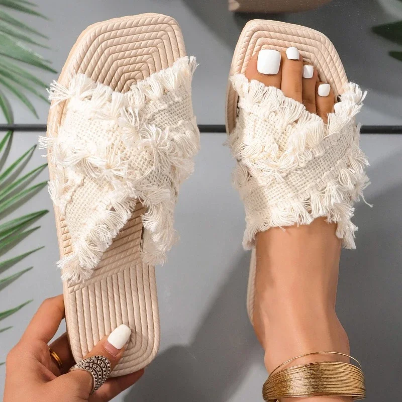 New Bohemian Resort Slippers 36-43 Women\'s Summer Comfort Beach Sandals Cross Tassel Sandals slippers women  sandals  slipper