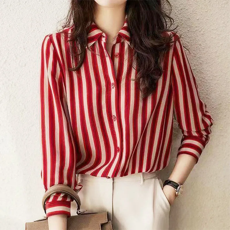 

Classic Fashion All-match Striped Printing Blouses 2023 New Single Breasted Korean Fashion Design Casual Chic Tops T-Shirt