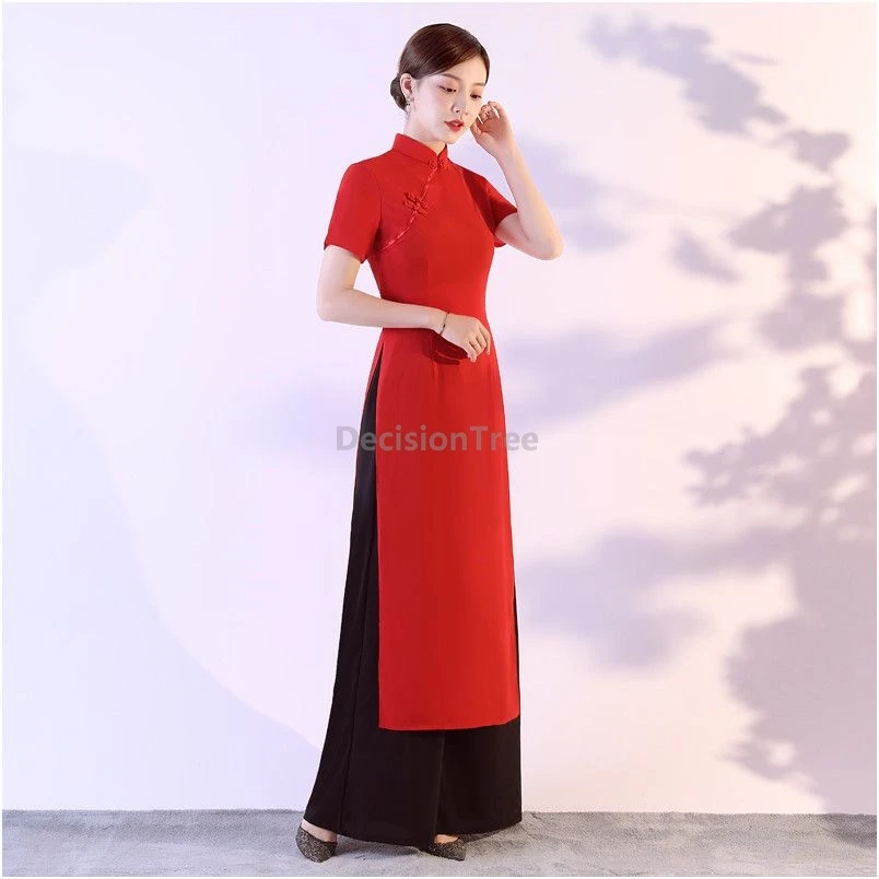 2026 vietnam aodai qipao fashion show performance outfit retro simple pure solid classical literature art qipao top and pants