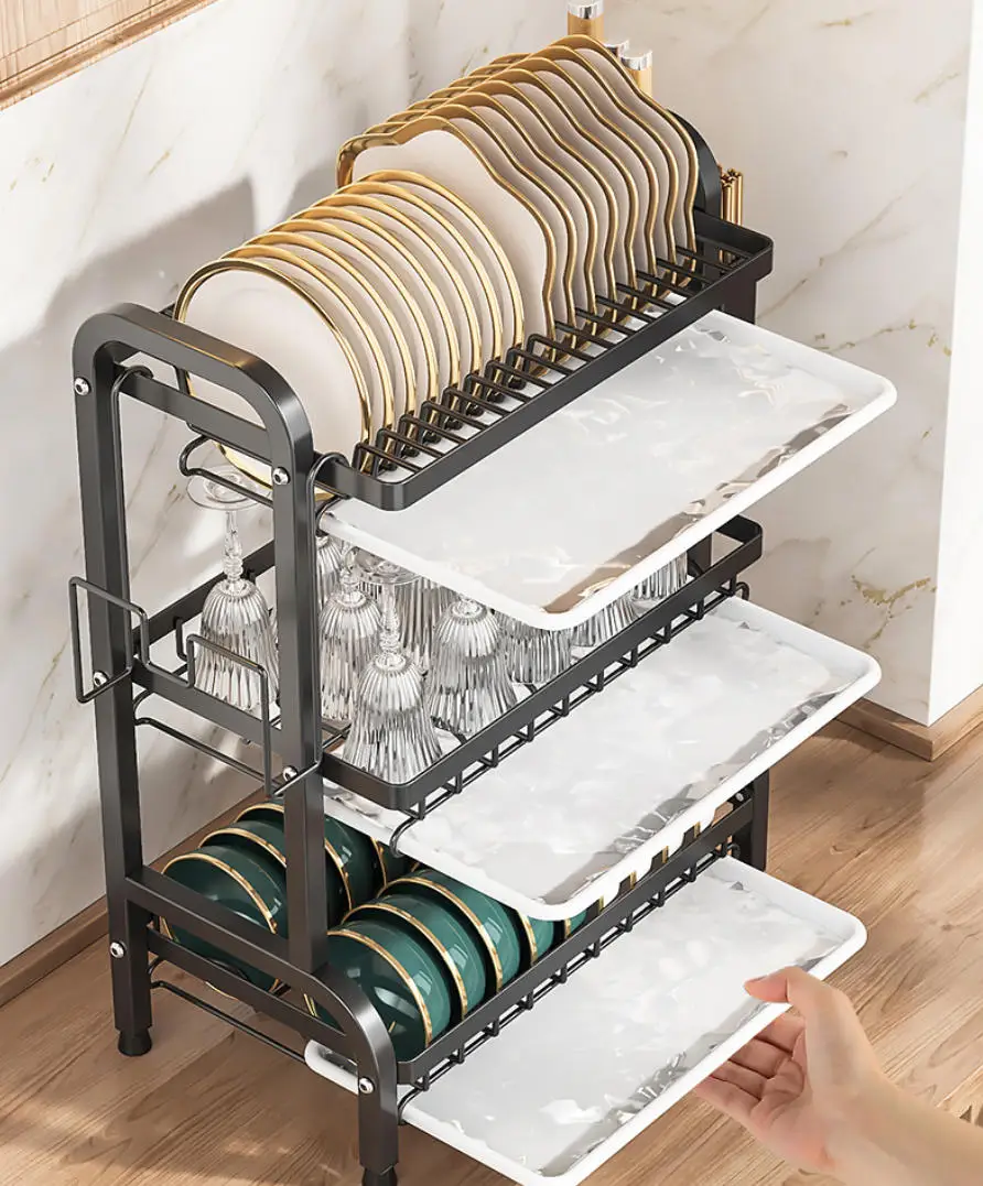 

2-3 Tier Dish Rack & Utensil Organizer for Kitchen, Space Saving Bowl and Plate Drainer for Cups & Cutlery, Drying Storage
