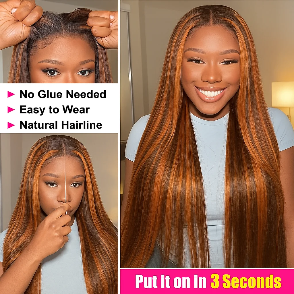 Wig Rambut Asli Warna Ginger Highlight Brown 5x5 HD Lace Glueless 200 Density, Model Lurus, Sudah Pre Plucked, Siap Pakai Untuk Wanita