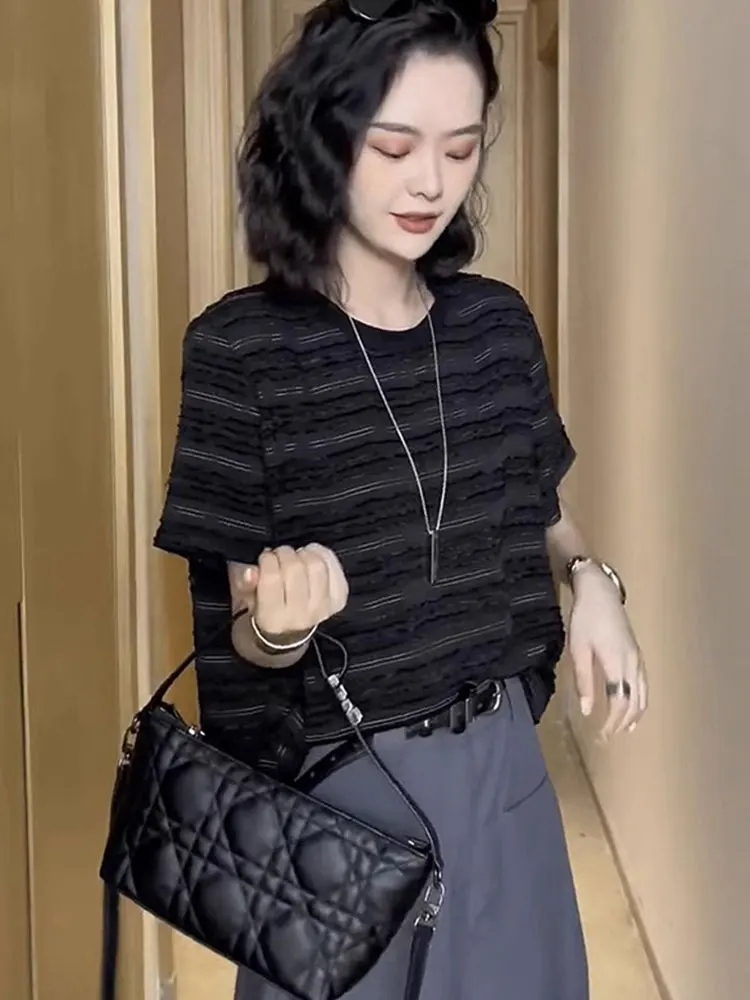 Loose Striped Base irt Pure Cotton ort Sve round Ne Design Casual Versatile Summer Top for Young Women Commute Sle