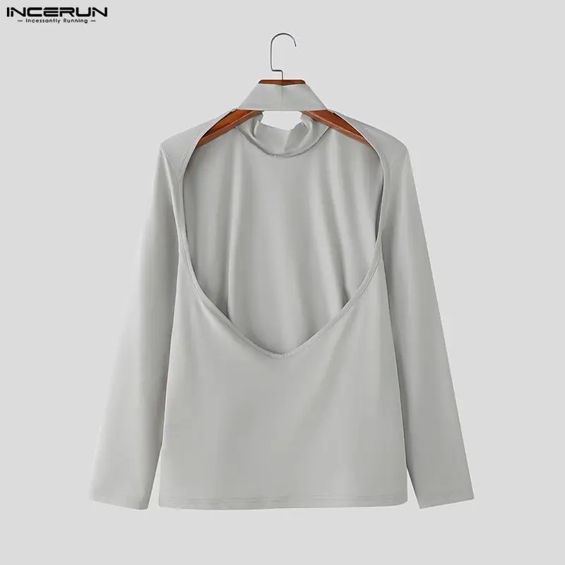 INCERUN Men T Shirt Solid Color Turtleneck Long Sleeve Hollow Out Backless Male Tee Tops Streetwear Fashion Casual Men Clothing