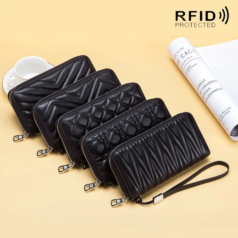 Genuine Leather RFID Long Wallet Phone Bag Sheepskin Coin Purse Key Lipstick Case Pouch ID Card Holder Women Clutch Handbag