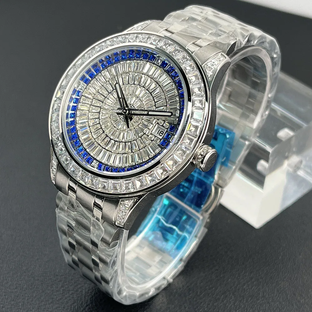 42MM Deluxe Diamond Set with Silver Strap and Silver Blue Dial Automatic Mechanical Men\'s Watch Shining Dial Button