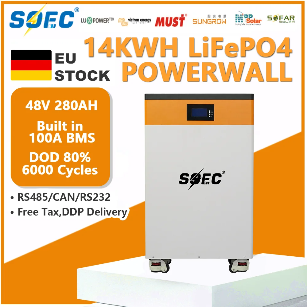 

EU SOEC 14KWH Powerwall 48V 280AH Lithium Battery 6000+ Cycles Lifepo4 Battery Pack Built in CAN RS485 BMS Home Energy Solar