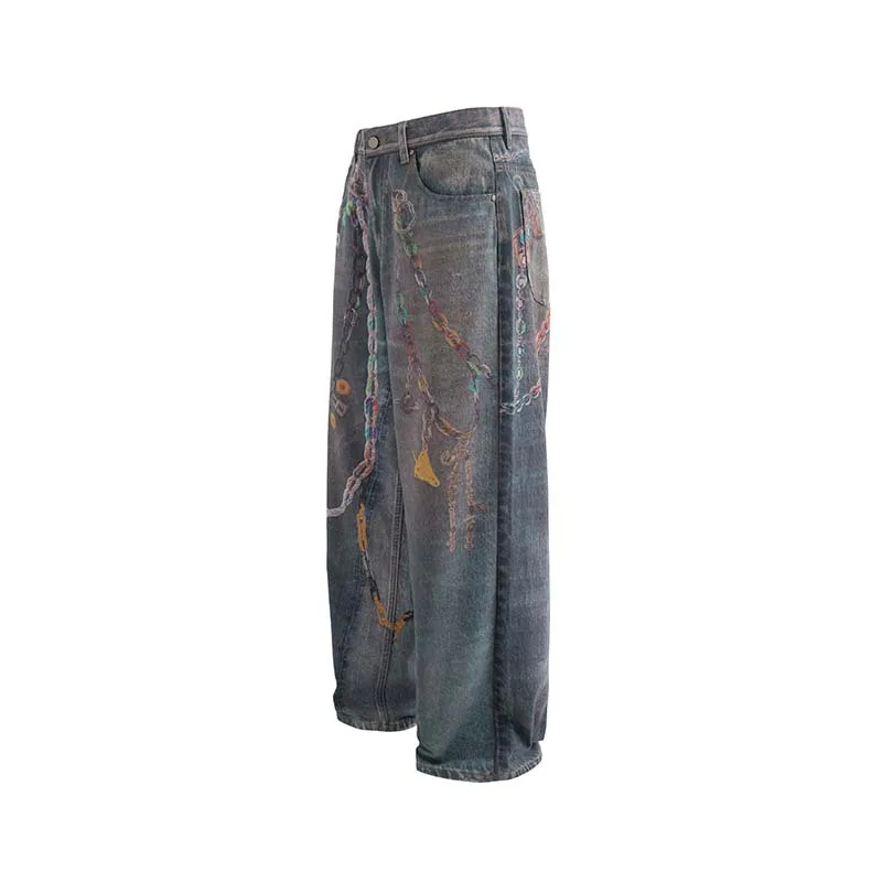 Men's High Street 3D Printed Jeans Pants Fashion Streetwear Loose Fit Vibe Style Denim Trousers Painted Wide Leg Jeans