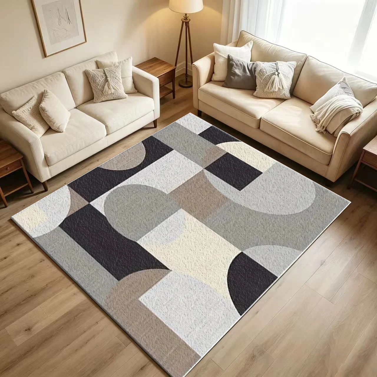 Grey Black Beige Mid‑Century Geometric Carpet Circle Square Abstract Large Area Rug for Modern Home Interior