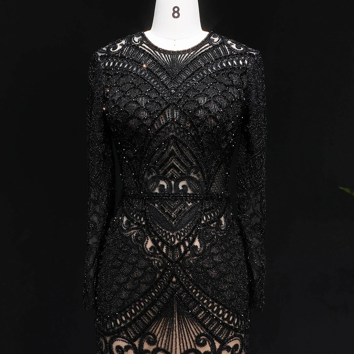 Sharon Said Dubai Übergröße Schwarzes Langarm-Paillettenkleid mit Perlen, Meerjungfrauen-Abendkleid, Saudi-Arabisches Damen-Ballkleid SS056 Maßanfertigung – Detail 23