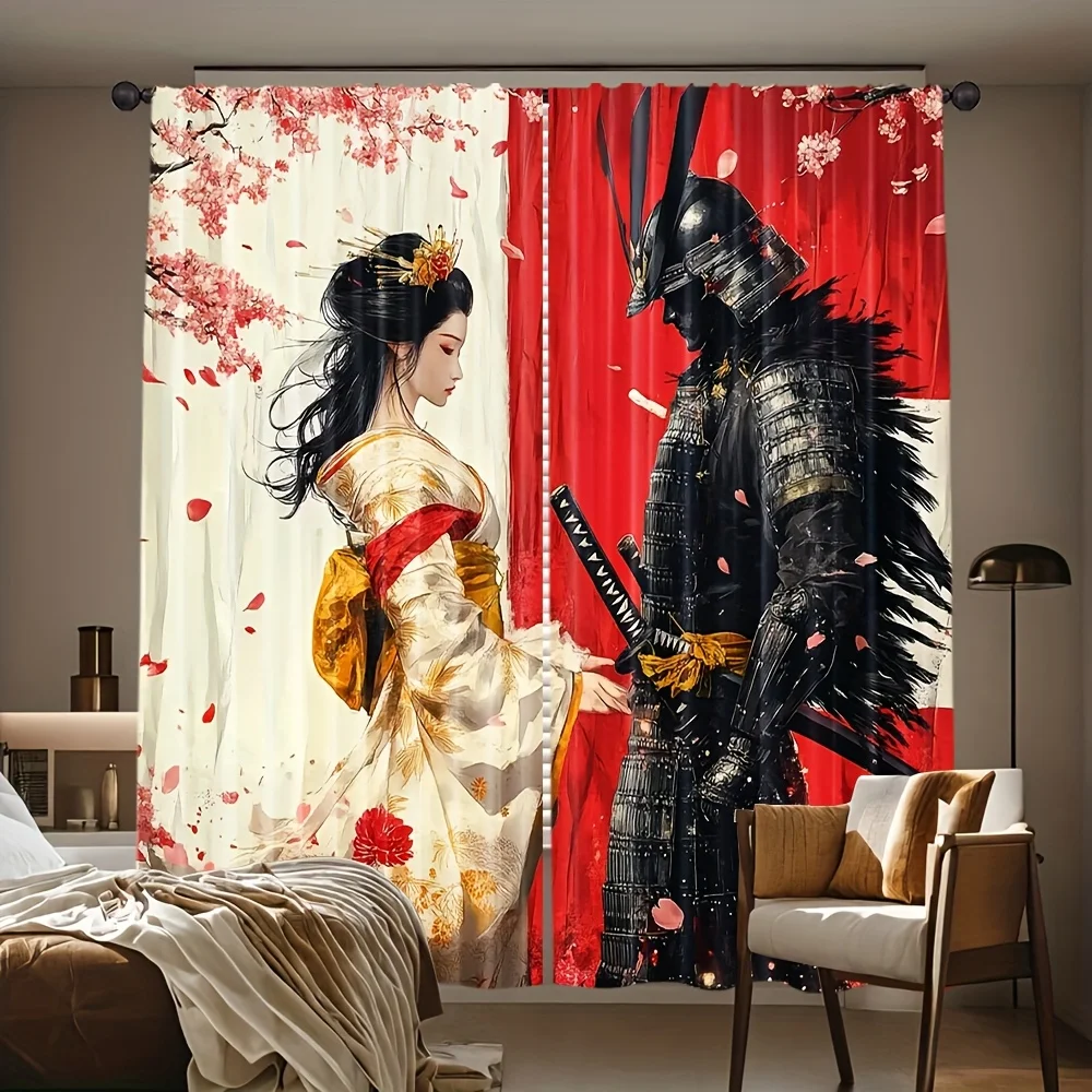 Vintage Japan Curtain 2 Panels, Ink Geisha Armored Ronin Cherry Blossom Contrast Print, Curtains for Lounge Asian Retro Curtain