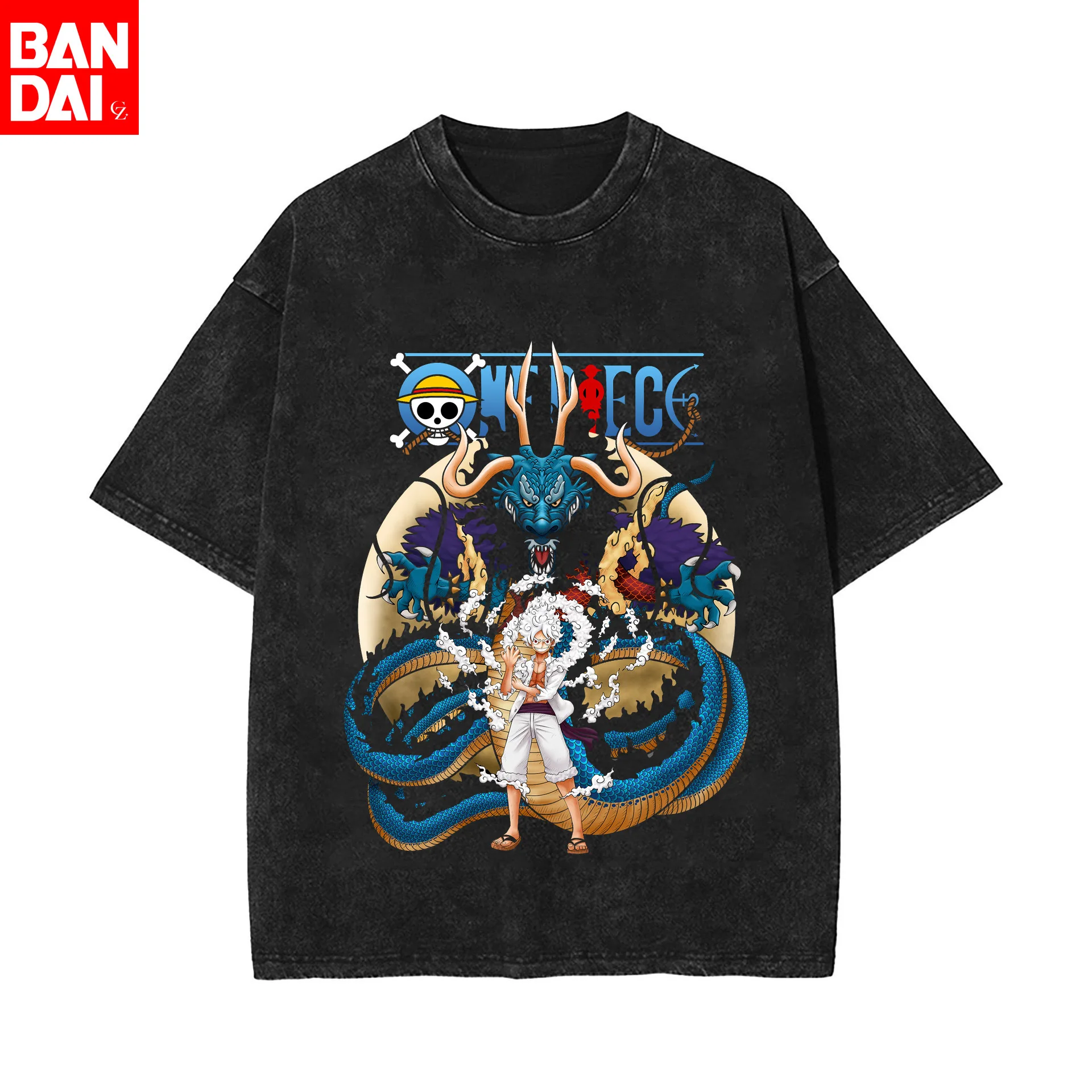 

One Piece 2026 Summer Unisex Washed Black Cotton T - Shirt Front Luffy Nika Dragon One Piece Logo Graphic Anime Streetwear