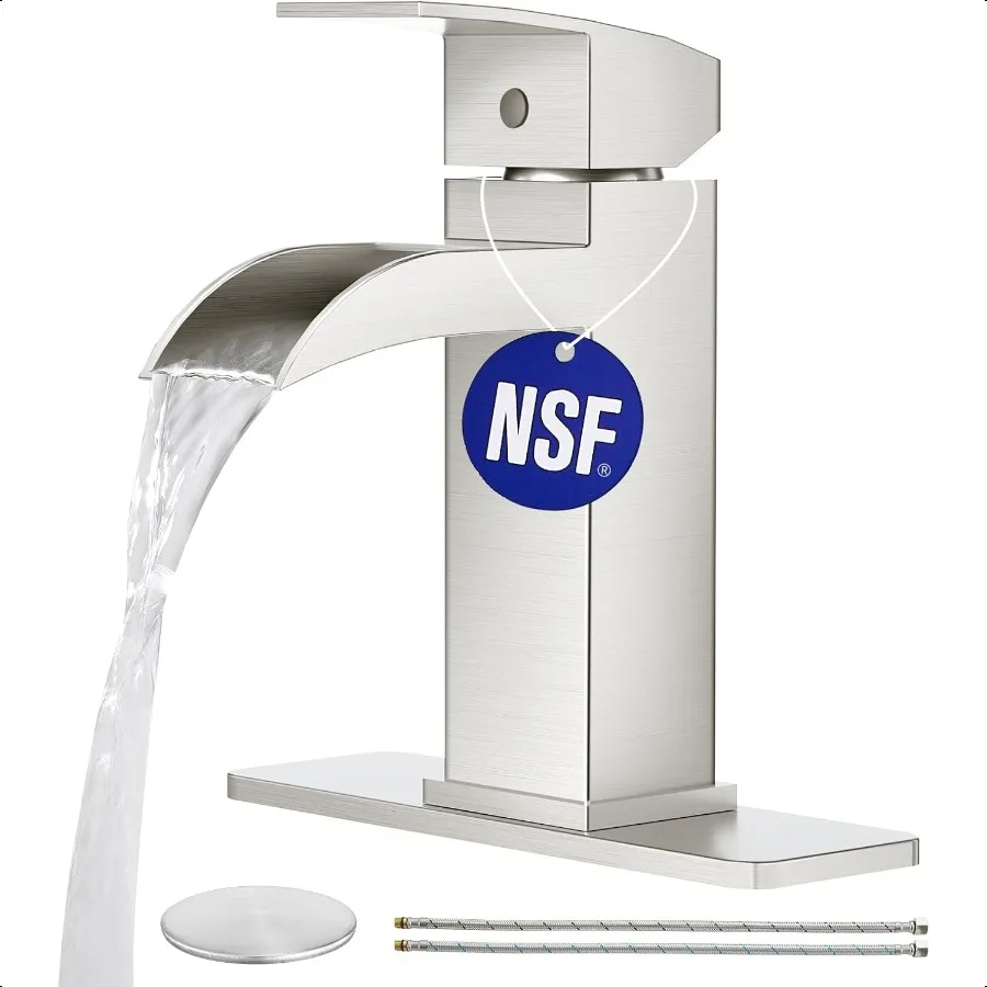 

Смеситель для ванной комнаты с водопадом, 1 отверстие, одна ручка, матовый никель, смеситель для раковины в ванной комнате со сливом, 3 отверстия, палубная пластина, нержавеющая сталь Va