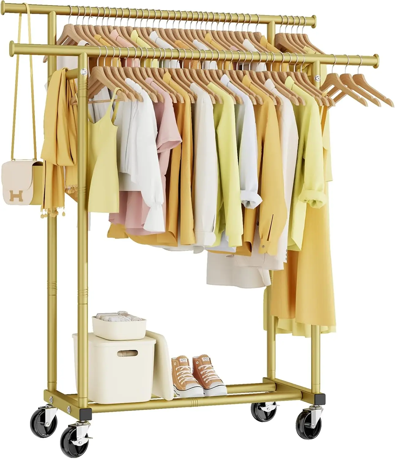 

Double Rod Rolling Clothes Rack with Wheels, Heavy-Duty Metal Garment Rack for Bedroom Laundry Living Room Storage