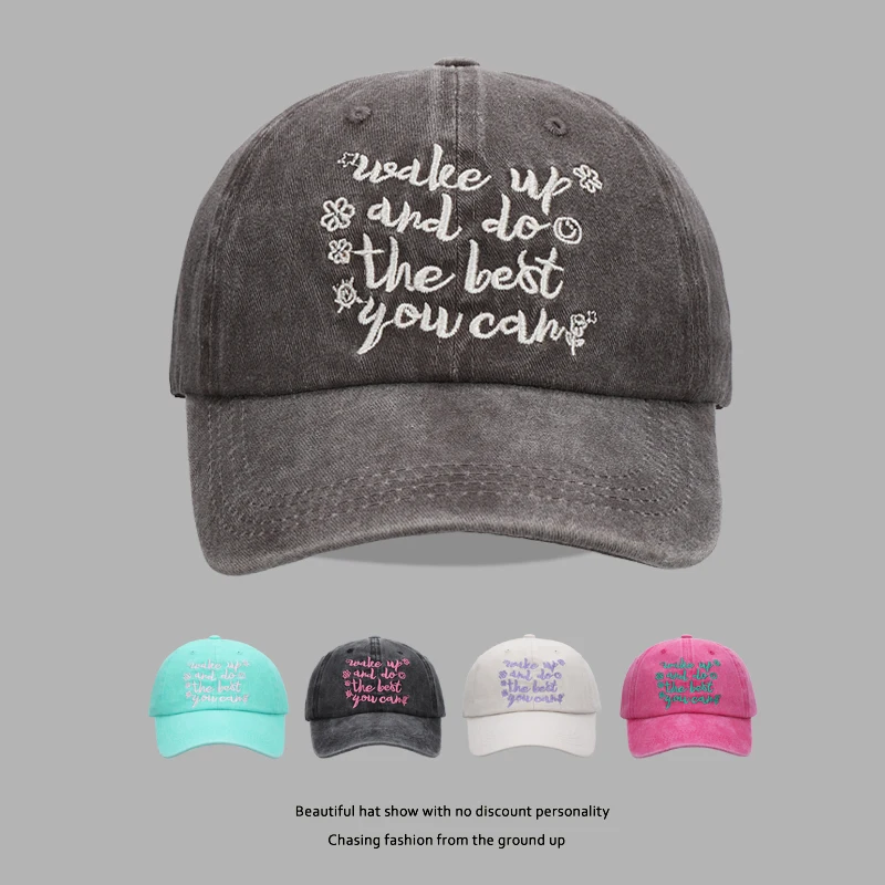 Washed Letters Embroidered Baseball Cap Women's American Retro Distressed Peaked Cap Outdoor Street Sun Hat Men
