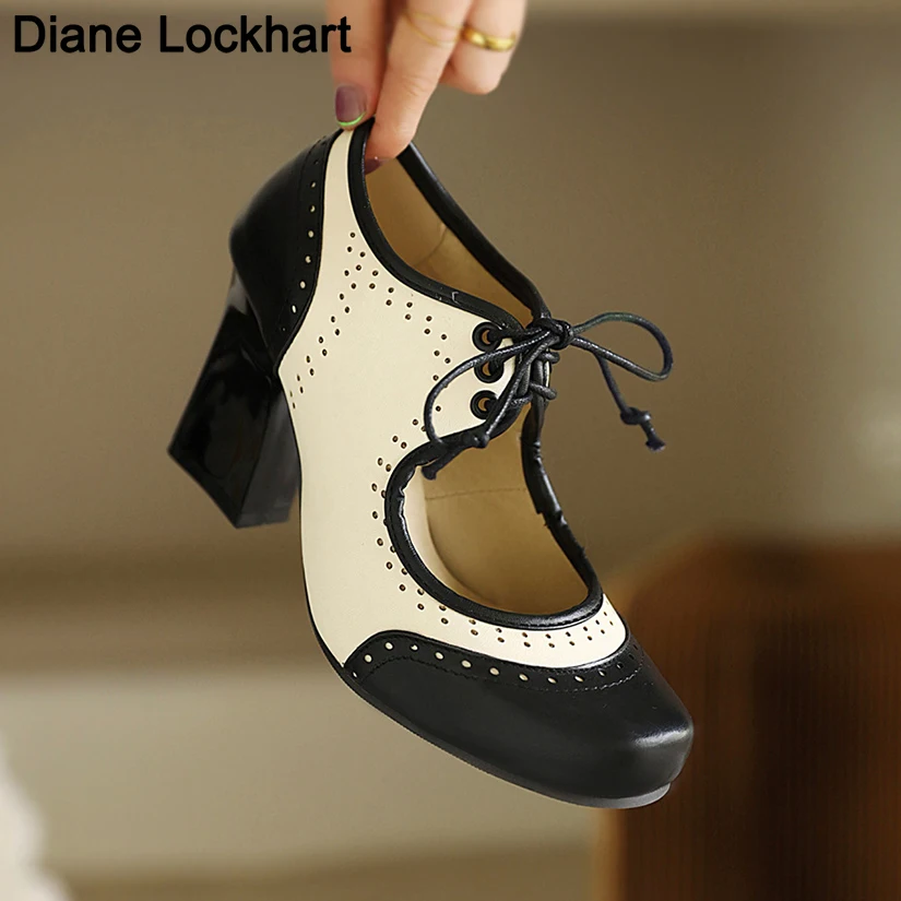 

Retro Women Pumps Sexy Summer Mary Jane Shoes Gladiator Lace Up High Heels Ladies Party Fashion Black White Mixed Colors Shoe