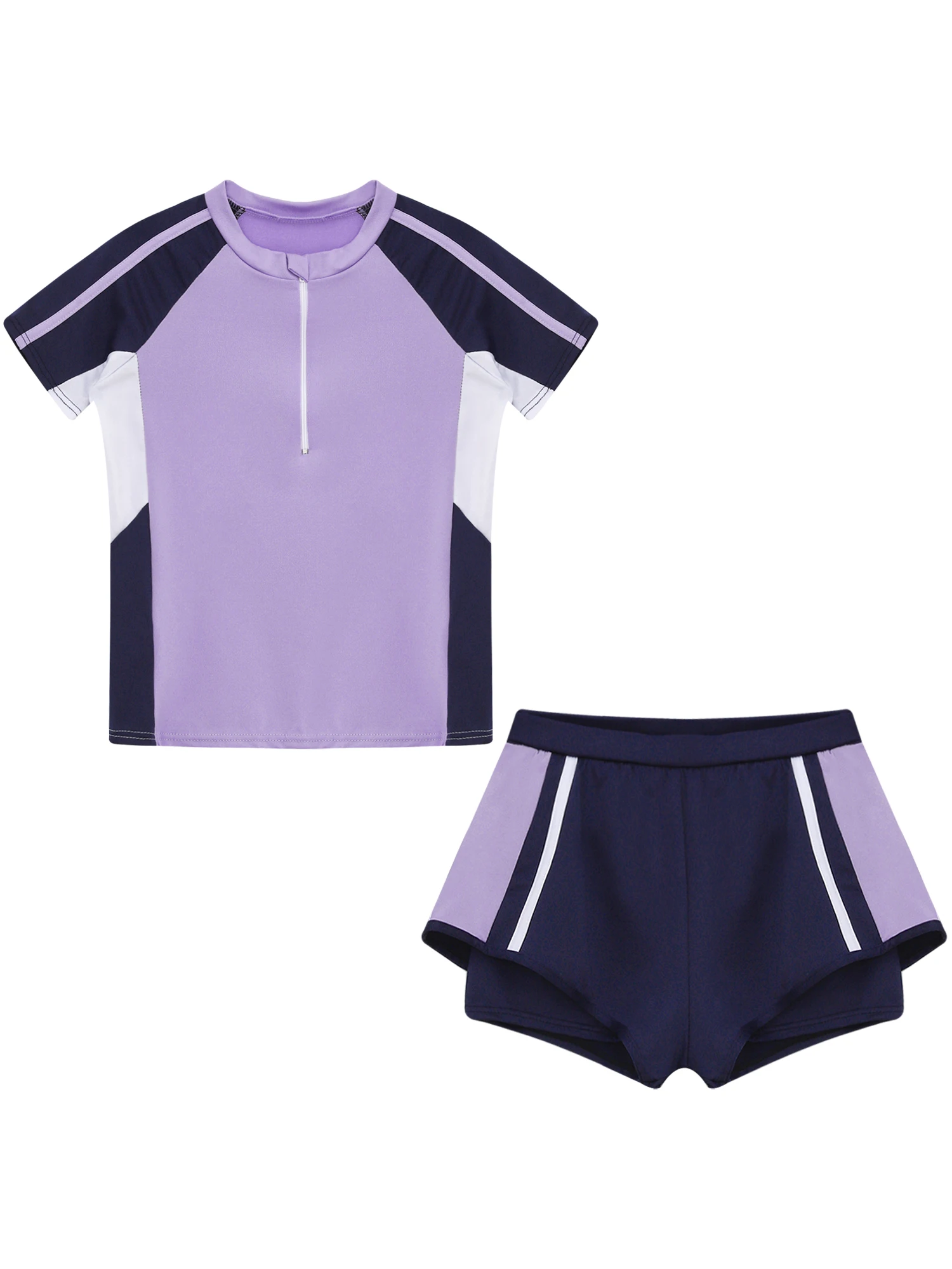 2Pcs Kids Girls Swimming Suit Beachwear Short Sleeve Tops Double Layers Shorts Swimwear Patchwork Bathing Suit Rash Guard Set