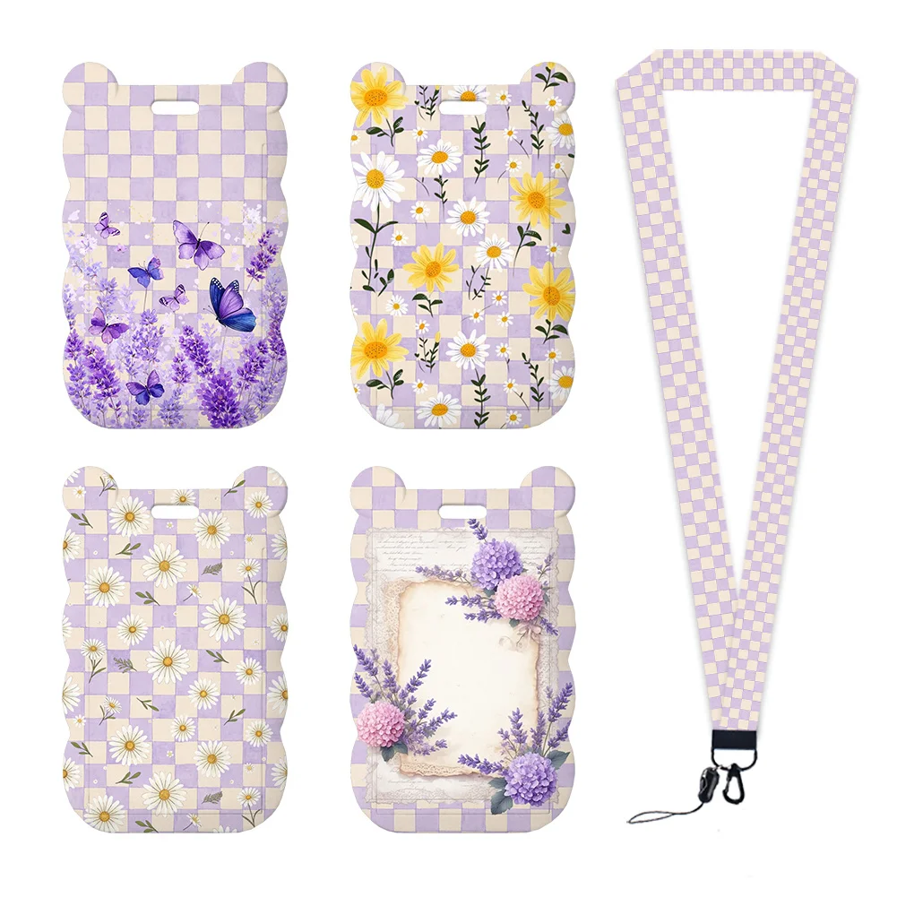 Purple Floral Plaid Card Holder with Lanyard Cute Bear Ear Bow ID Badge Case Kawaii Tulip Print Card Wallet for Women Girls