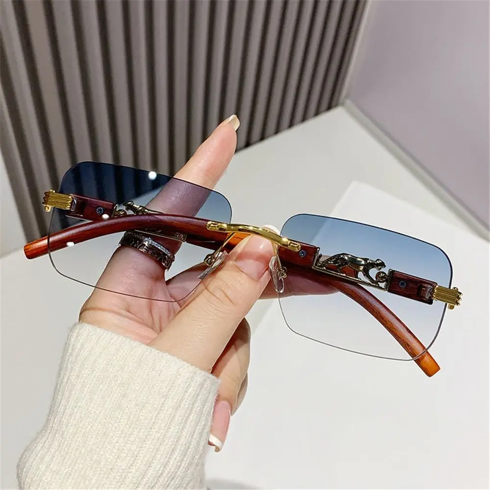 

Trendy Rimless Sunglasses Unique Cheetah Design Sunglasses Metal Rectangle Sun Glasses Retro Shades Summer Traveling Eyewear