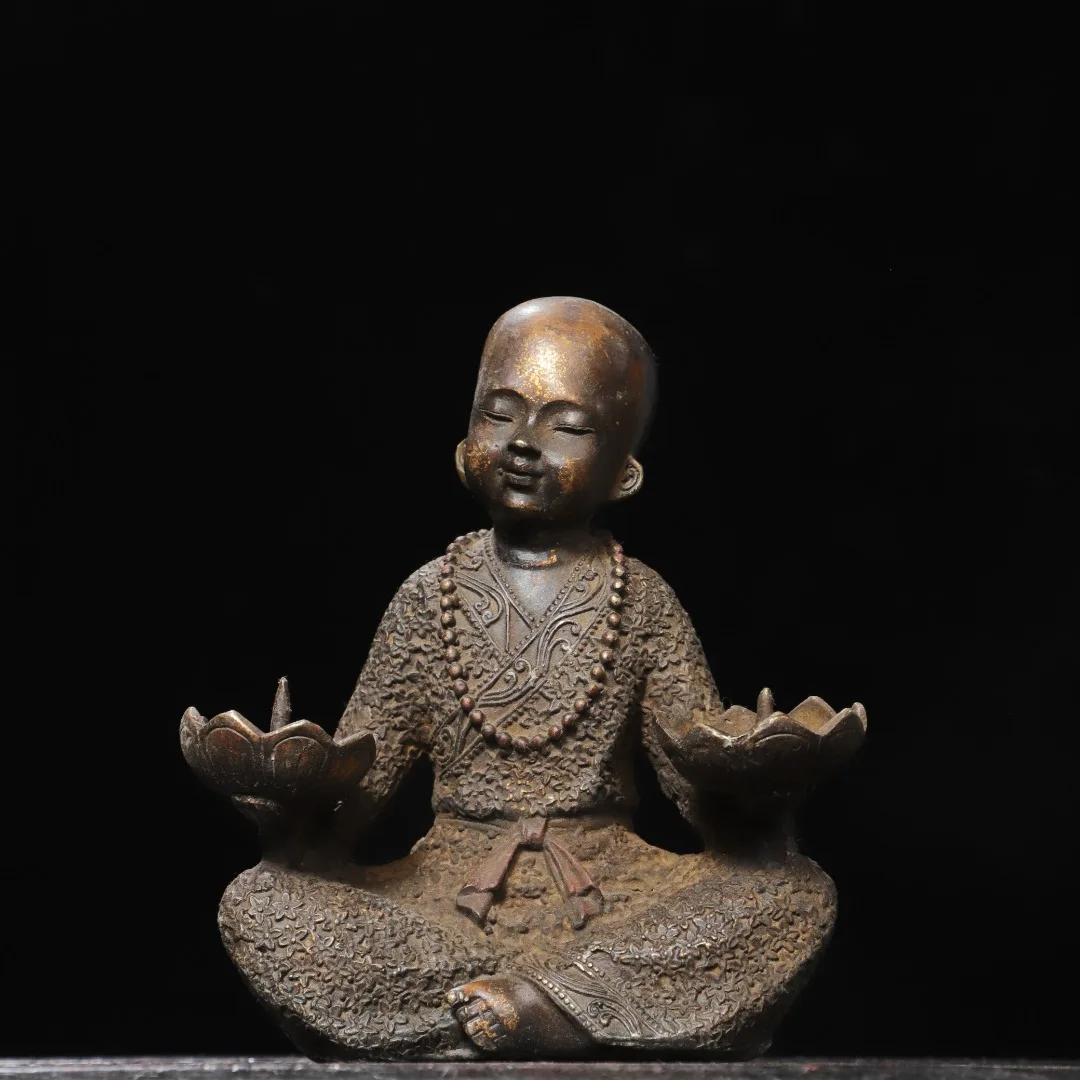 Old Bronze Cinnabar Mud gold Statue of Little Monk Shami Sitting Buddha candlestick Study screen Amass wealth Ornaments
