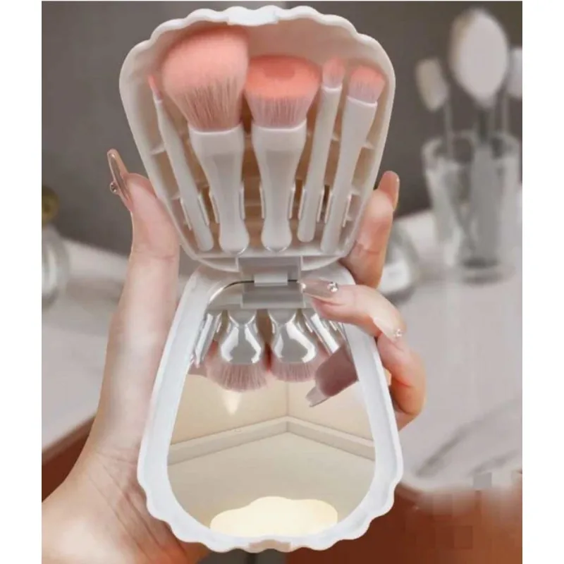 5 pçs mini pincéis cosméticos de função completa com escudo espelho portátil conjunto de pincéis de maquiagem de viagem kit de pincéis cosméticos com caso