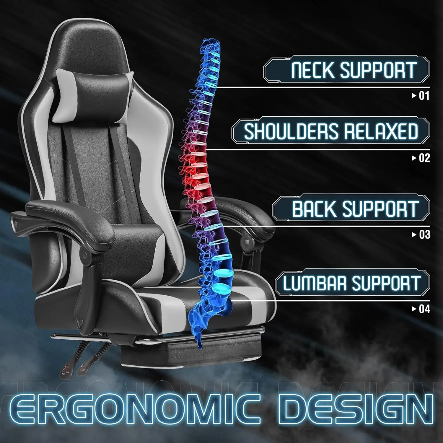 Silla ergonómica para videojuegos con reposapiés y soporte Lumbar de masaje, altura ajustable con asiento giratorio, nueva