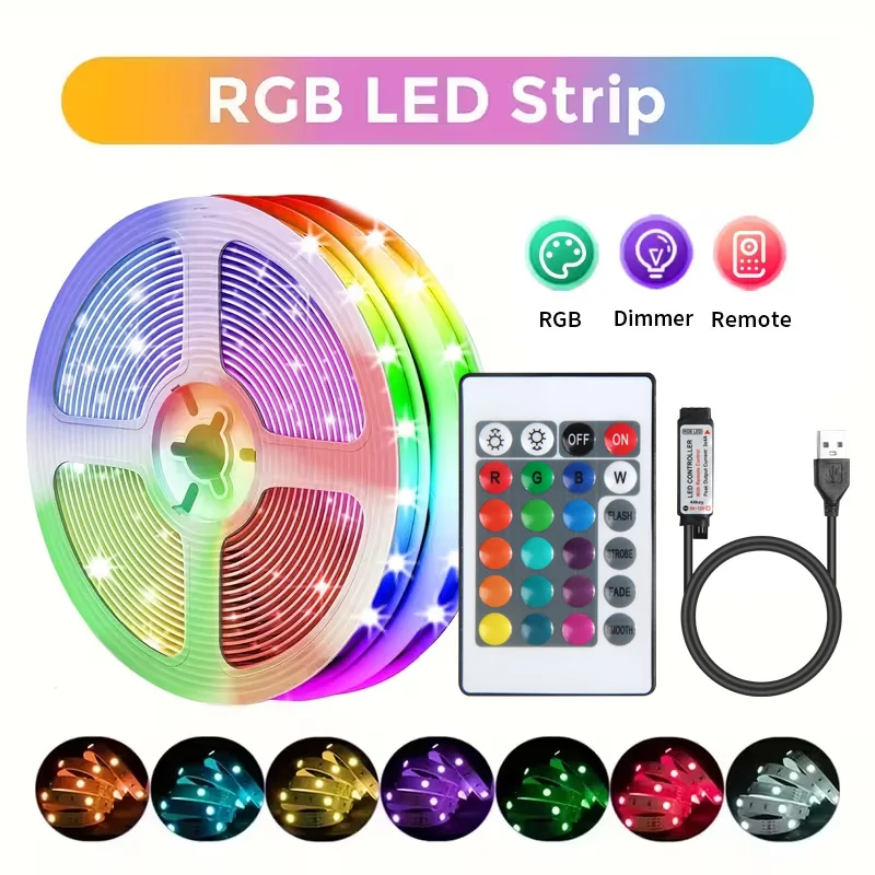 RGB LED Strip Lights 24Key Infrared Control Color Change Dimmable Flexible Lamp for Home, Party, Kitchen, Bedroom Decoration