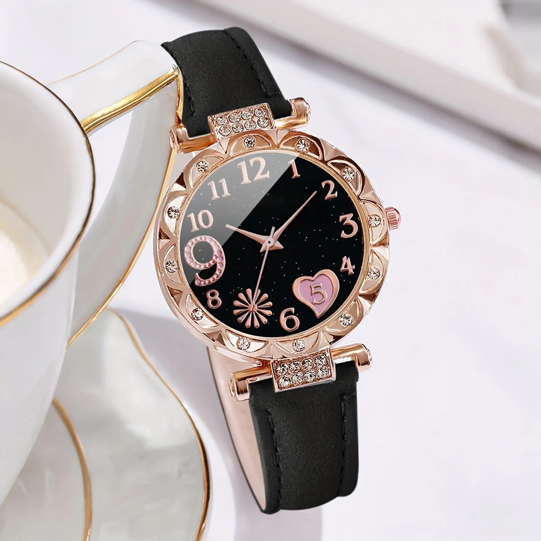 2 pieces and 1 piece cute, fashionable, elegant, sparkling rhinestone PU leather watch for ladies