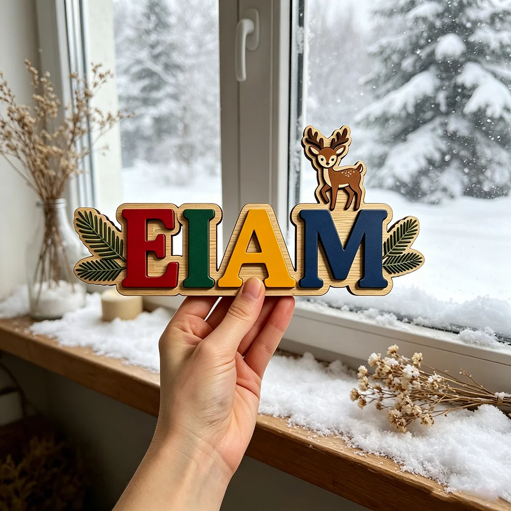 Panneau nominatif personnalisé cerf et branche de pin pour le bébé le plus cher, décoration mignonne sur le thème vert pour chambre d'enfant, animaux de la forêt