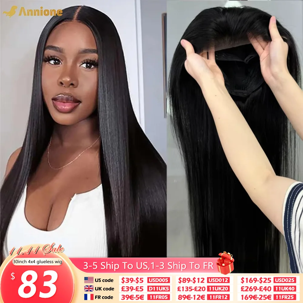 30 inch Glueless Wig Human Hair Ready To Wear 4X4 Brazilian Straight HD Lace Front Human Hair Wig 100% Human Hair Wigs Glueless