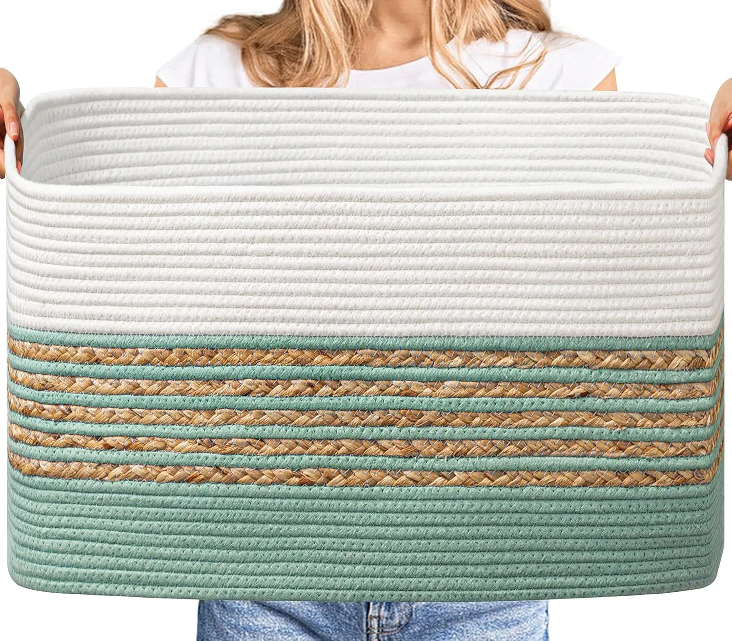 

Большие плетеные корзины для хранения, из натурального хлопкового каната с ручками, для игрушек, полотенец, органайзер для детской и ванной комнаты