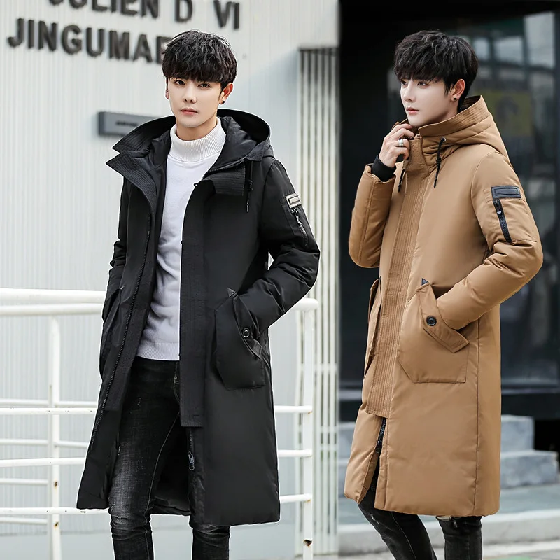 2024 New Men's Winter Casual Thick White Duck Down Hooded Pure Color Long Coat Mid-length Youth Coats