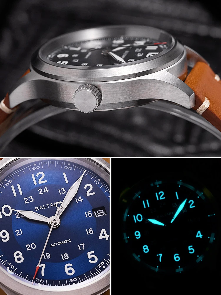 Baltany ساعة عسكرية خمر ساعة أوتوماتيكية الرجال 39 مللي متر ريترو NH35 ساعات المعصم الميكانيكية الرياضة الطيار مضيئة الساعات تحية