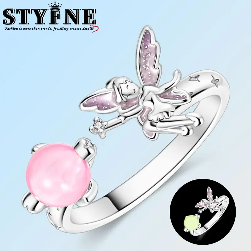 Symbols 925 Sterling Silver Pink Fairy Angel Wings Glow-in-the-Dark Bead Ring One Size Fits All For Women's Exquisite Jewelry