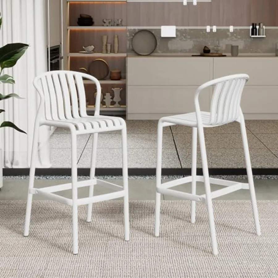 

Lenno Outdoor Plastic Bar Stools Set of 2 Patio Bar Chair with Stylish Perforated Slat Back Design Comfortable Lightweight Seat