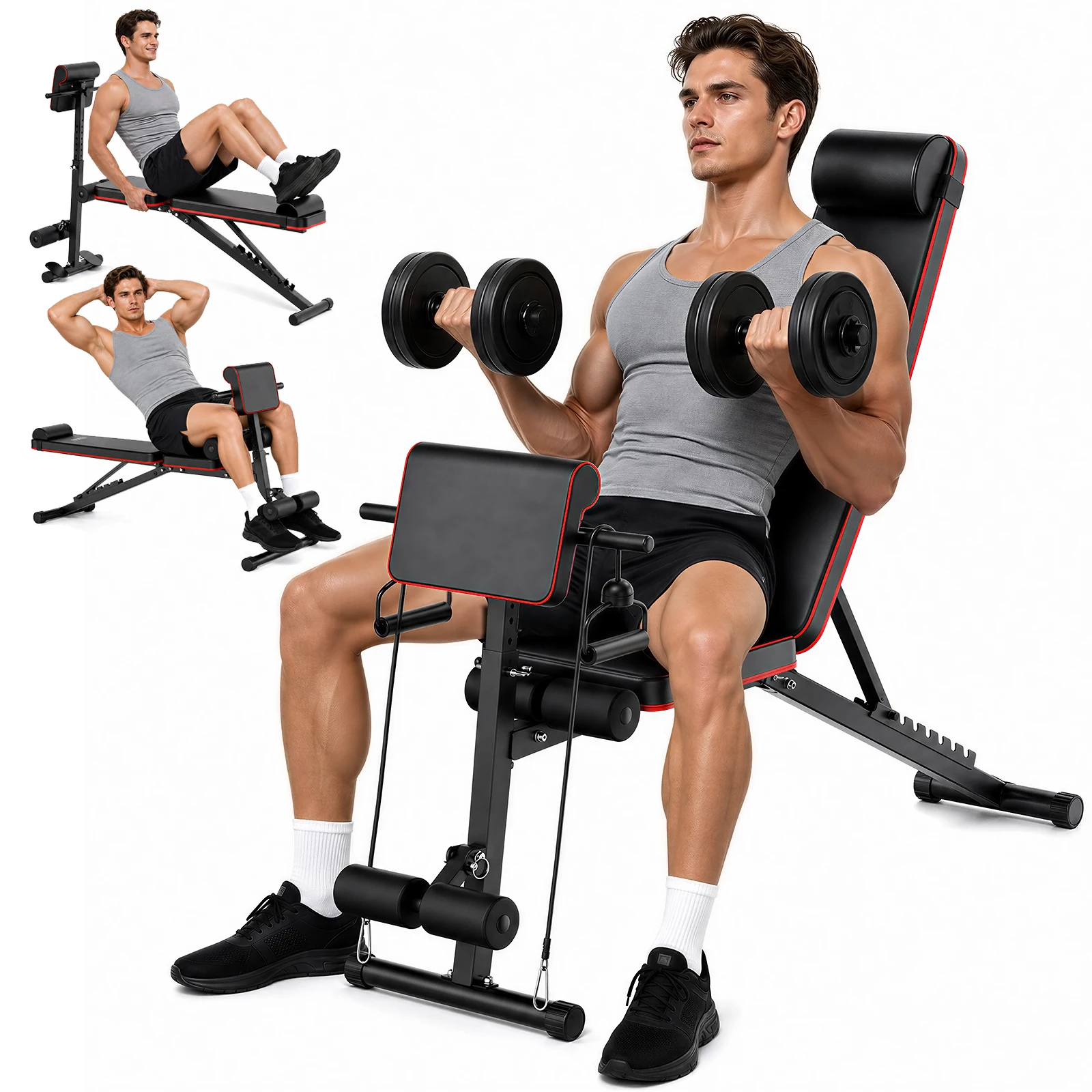 10-in-1 Foldable Weight Bench Multi-Functional Adjustable Incline/Decline/Flat Dumbbell Bench Home Full Body Strength Training Workout Equipment